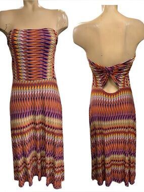 Felicity & Coco Strapless Twist-Back Maxi Dress in Orange, Purple & Cream Size L